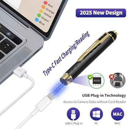 1080P Body Camera Pen, 64GB Metal Spy Pen Hidden Camera, Small Nanny Cam with 280 Minutes Battery Life for Home Indoor Security