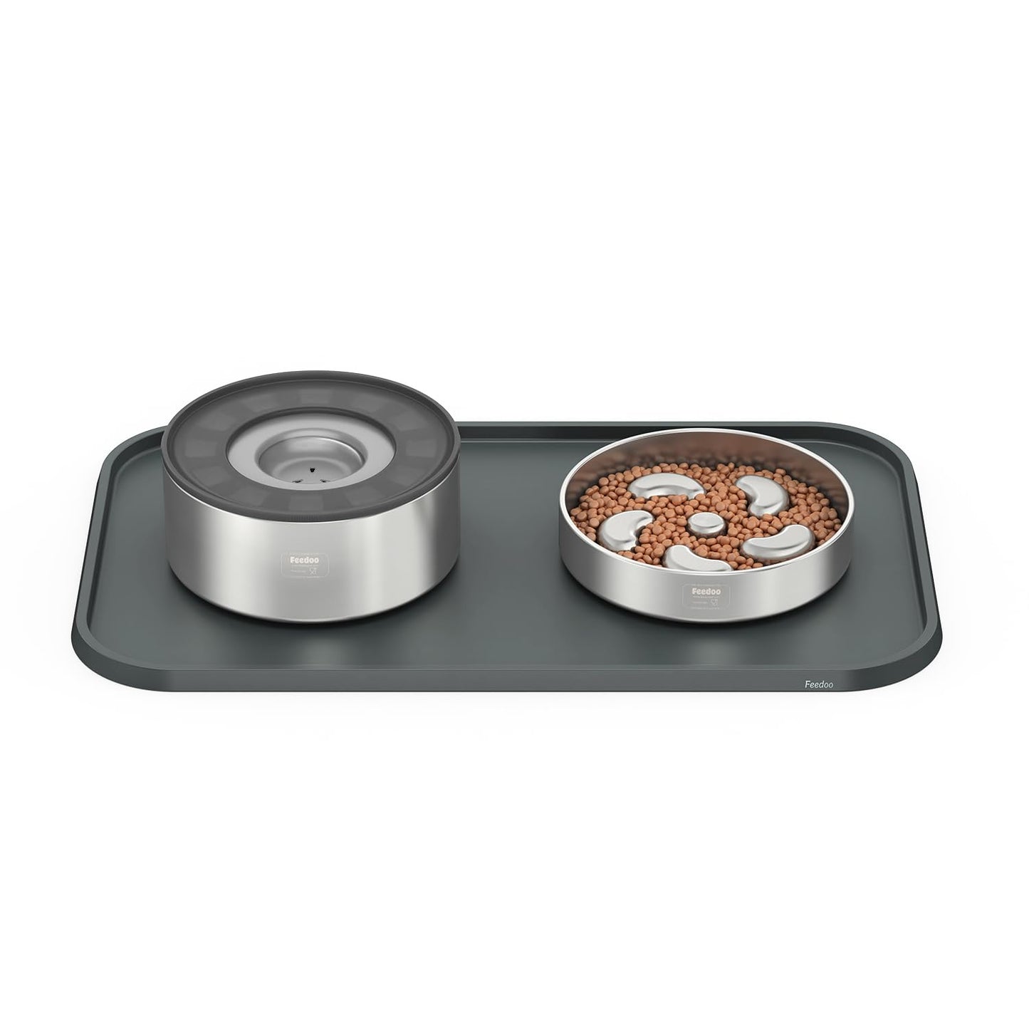 Feedoo Pet Feeding Mat [Warped Resistant Raised Edge], Water-Proof Silicone Placement for Food Water Bowls, Anti-Slip Base Protect Floor, BPA-Free&Dishwasher-Safe [23.5x13.5inch Large, Gray]