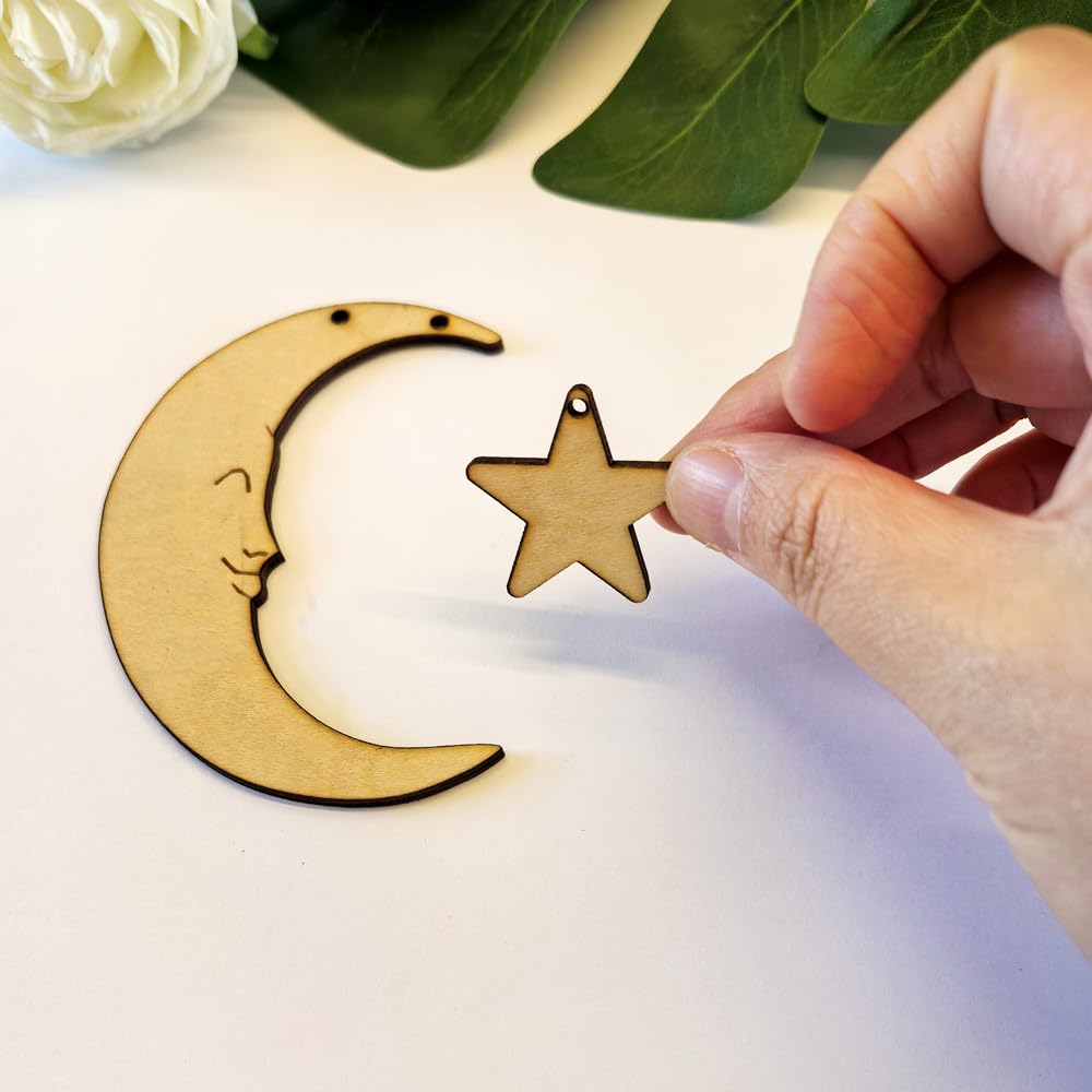 Set of 20 Crescent Moon and Star,Christmas Moon and Star Hanging Ornament for Window &Christmas Tree Decoration (Natural Wood)