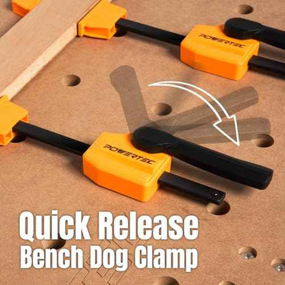 POWERTEC 72240 Bench Dog Clamps w/Bench Dogs for 3/4" Dog Holes | 2PCs Quick Clamp and Release Wood Clamps with 176lbs Clamping Force, 8PCs Durable Bench Dogs with Grommet Bench Brake Inserts