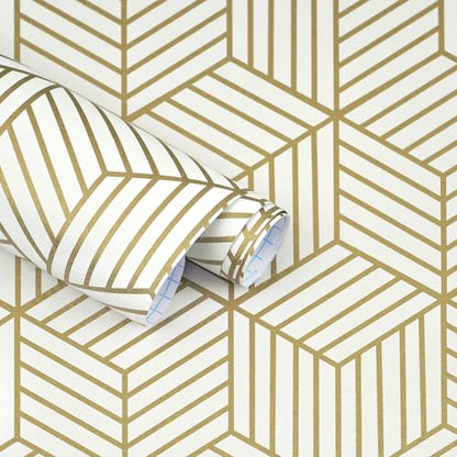 Geometric Wallpaper Peel and Stick Wallpaper Removable Self Adhesive Wall paper White/Gold Striped Hexagon Contact Paper for Cabinets Shelf Drawer Liner Renter Friendly Vinyl Roll 17.7"x118.1" Upgrade