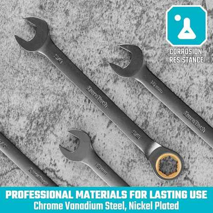 DURATECH Anti-Slip Ratcheting Wrench Set, Combination Wrench Set, 10-Piece, Metric 6-18mm, 72-Tooth, Nickel Plating, CR-V Steel, with Pouch
