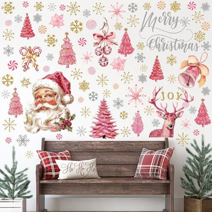80 Pcs Pink Merry Christmas Wall Sticker Santa Claus Christmas Window Decals Xmas Snowman Poinsettia Flowers Stickers Decor, Winter Snowflakes Holiday Kitchen Party Home Decorations
