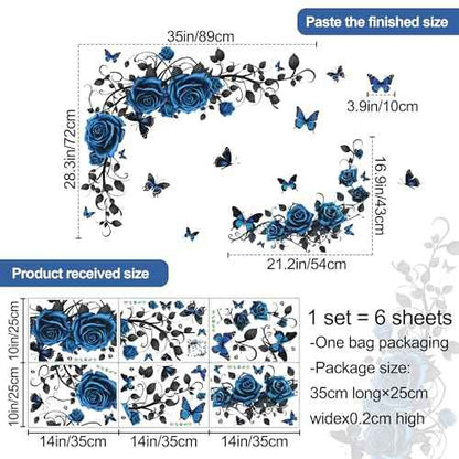 Removable Blue Floral Rose Wall Decor 3D Peel and Stick Flower Vine Black Plants Vines Leaf Wall Stickers Flying Butterfly Wall Decals for Kids Girls Baby Bedroom Nursery Living Room (Blue)