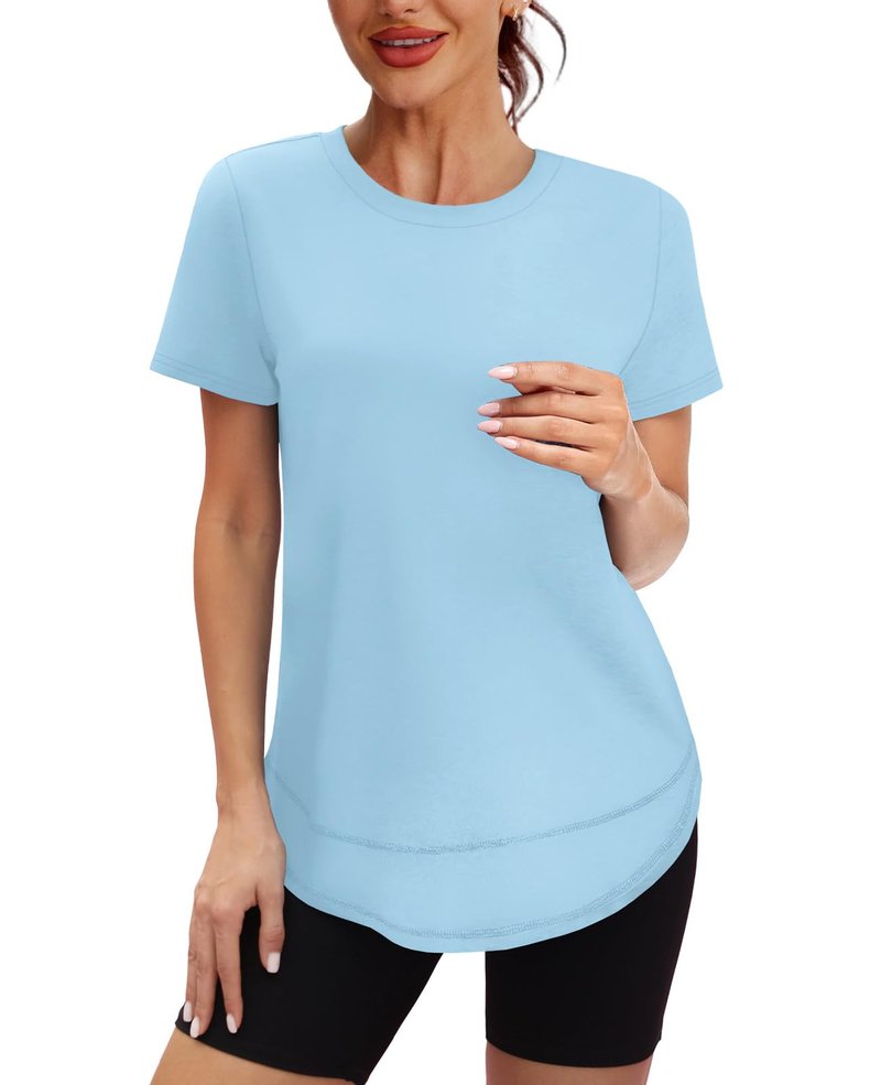 Spring Summer Tops for Women Short Sleeve Hiking Shirts Athleisure Golf Shirt Beach Fashion Curved Hem Loose Fit Blue XXL