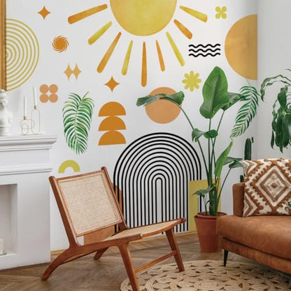 Creative Boho Half Sun Wall Decals Abstract Line Rainbow Wall Sticker DIY Removable Sun Minimalist Aesthetic Tropical Leaf Flowers Painting Decor for Kids Girls Bedroom Living Room Nursery Decoration