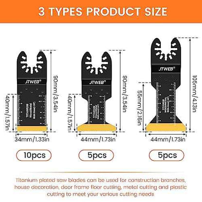 JTWEB 20PCS Titanium Oscillating Saw Blades Metal Cutting, Multitool Blades 3 Types Multi Tool Blades Kits Wood and Metal Nail Plastic Oscillating Tool Blade for Milwaukee Bosch Rockwell