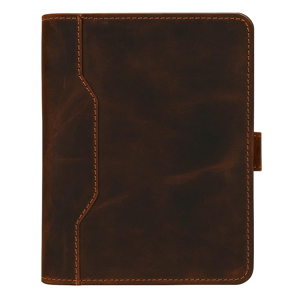 PavinCrafter Brown Leather Junior Padfolio 5x8, Small Bifold Business Portfolio Folder for Men & Women, Compact Legal Pad Holder with Pen Loop, Card Holder with Document Pocket, Interview Organizer