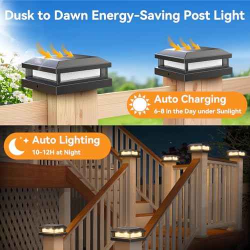 Solar Post Cap Lights Outdoor 8 Packs, Waterproof Solar Powered Deck Light for 4x4 4.5x4.5 5x5 Vinyl/Wooden Posts, Black Outside Warm/Cool Lighting Fence Cap Lights with 16LEDs for Garden, Patio