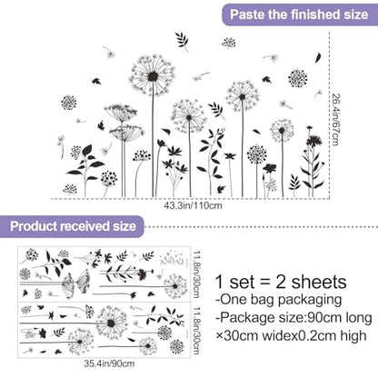 Black Flower Wall Decals Peel and Stick Simple Boho Flower Wall Sticker Wildflower Plants Dandelion Wall Decor Removable Vinyl Wall Mural for Girl Room Bedroom Living Room Home FX-C413