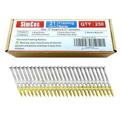 Framing Nails 304 Stainless Steel 21¡Æ Full Round Head Nail 21 Degree Ring Shank Nail for Pneumatic, Electric 21 degree Framing Nailer (2 inch (250 pcs))