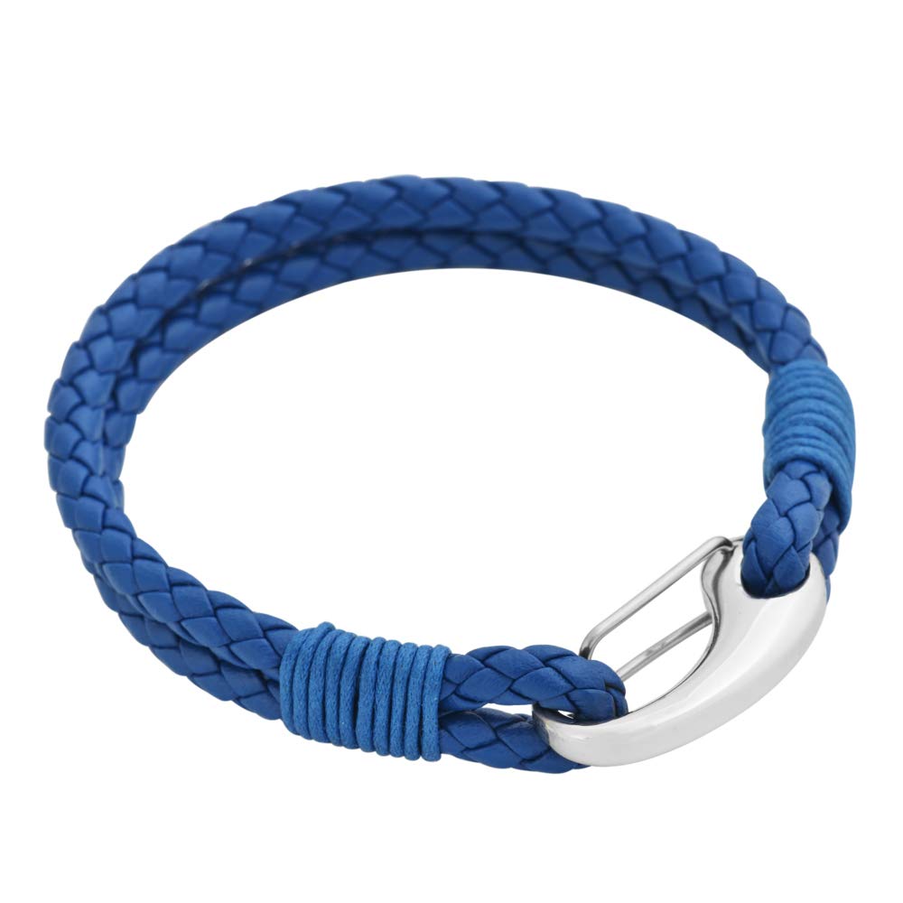 Edforce Braided Genuine Leather 2-Strand Cuff Bracelet with Stainless Steel Clasp (Blue)