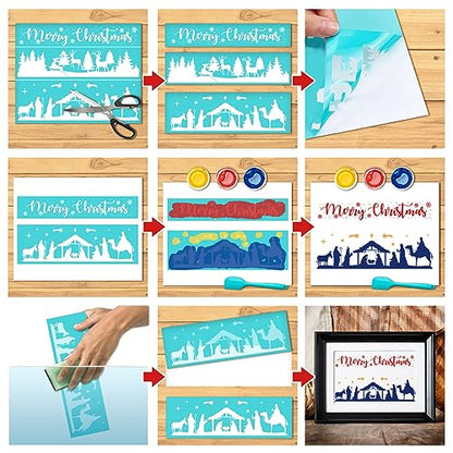 2PCS Christmas Silk Screen Stencil 11x8 Self-Adhesive Mesh Stencils Silkscreen Stencil for Chalk Paste with Reindeer Pine Tree for Printing on Wood Fabric Wall Cup Plate Glass Paper