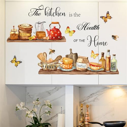 Bowl Kitchenware Utensil Shelf Wall Stickers, sacinora The Kitchen is the Heart of Home Butterfly Bee Wall Decal Removable Vinyl Peel and Stick for Kitchen Dining Restaurant Baking Room Bar Home Decor