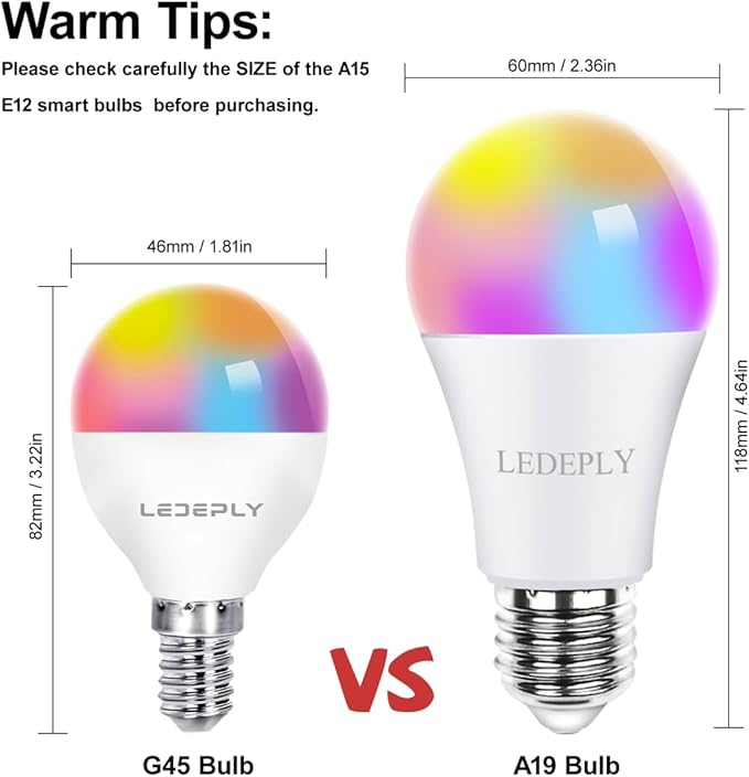 A15 LED Smart Bulb, 5W=40W,Compatible with Alexa, Google Assistant, E12 Base, Dimmable, 2.4G WiFi ONLY, RGB Color Changing, Tunable White 2700K-6500K, Globe Shape, G45 Ceiling Fan Light Bulbs 4 Pack