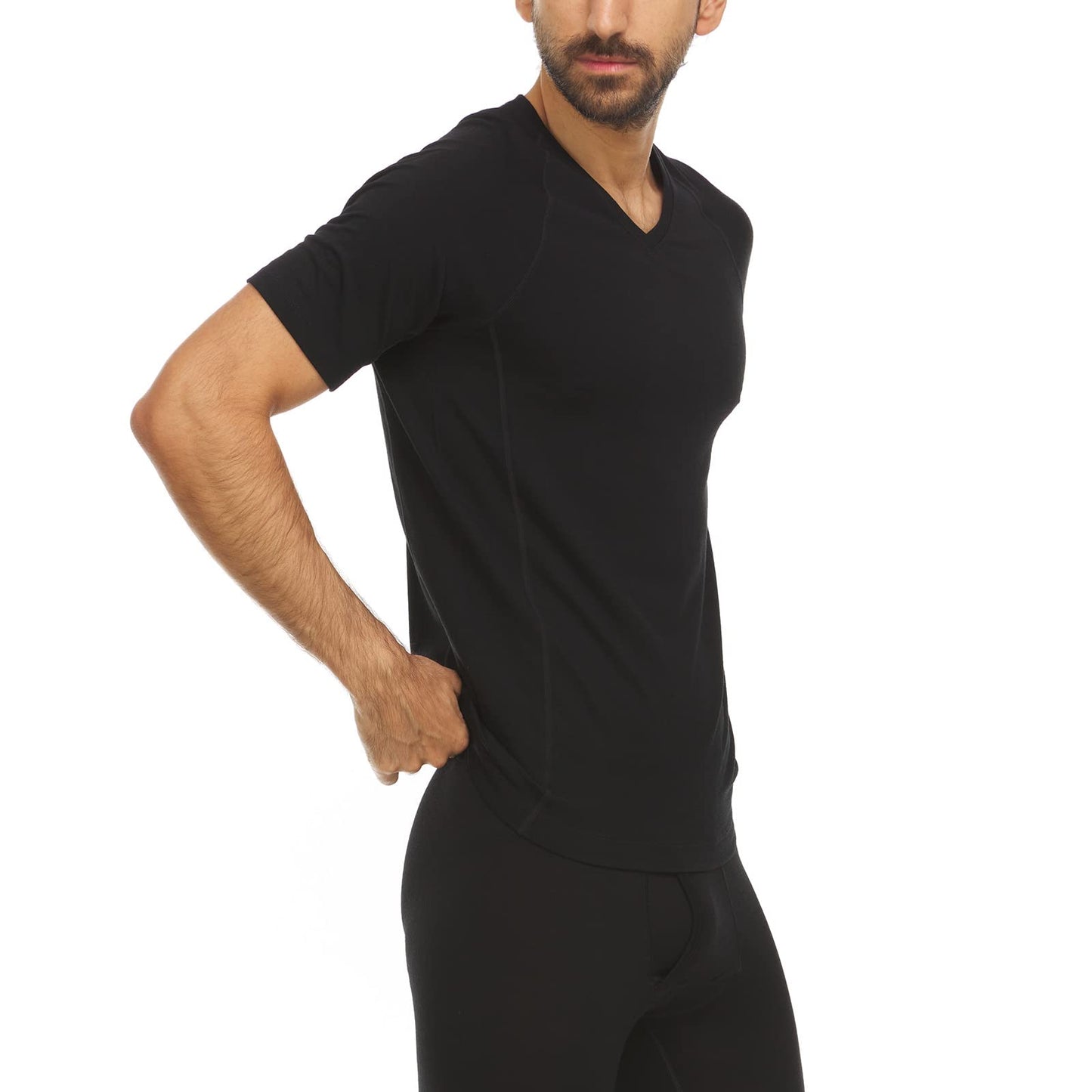 Merino Wool Woolverino Men’s Micro V-Neck T-Shirt - Moisture Wicking - Black - Medium