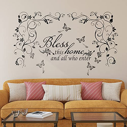 Living Room Wall Decals Stickers Bless This Home and All Who Enter Removable Vinyl Quotes Black Flowers Vine Wall Stickers Butterfly Wall Sticker Murals Peel and Stick Art for Home Decorations