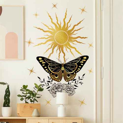 Sacred Golden Sun Stars Black Butterfly Peony Wall Stickers, sacinora Middle Ages Wall Decals Removable Vinyl Peel and Stick for Living Room Bedroom Art Home Decorations