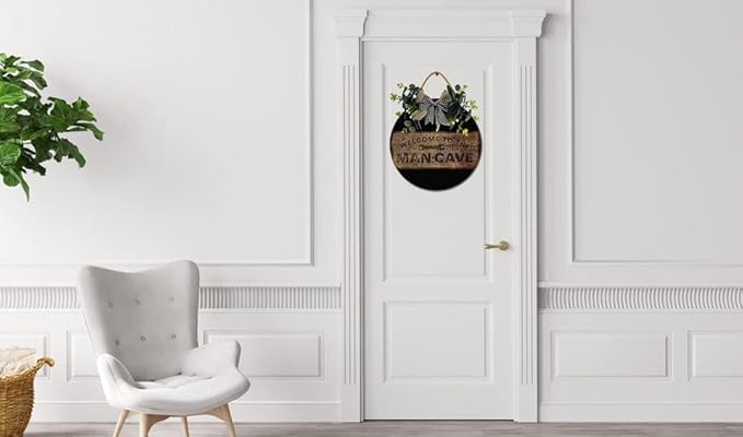 Welcome To The Mancave Front Door Sign Funny Wreaths Hanging Wooden Plaque Decoration Round Rustic Wood Farmhouse Porch Decor for Home Front Door Decor, 11 x 11 Inch