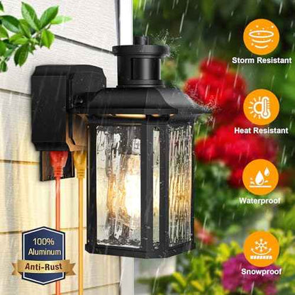 Porch Lights with GFCI Outlet, Dusk to Dawn Motion Sensor Outdoor Lights with E26 Sockets & Glass Shades, Waterproof Anti-Rust Sconce Light, Outside Wall Lamps for House, Black