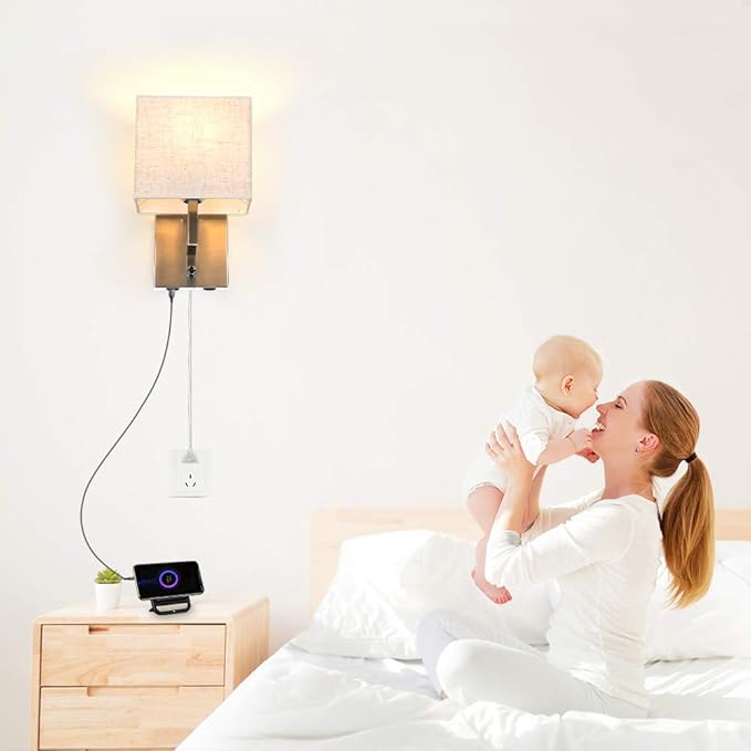 Bedside Wall Mount Light with Dimmer Switch and Two USB Charging Port,Fabric Linen Shade Wall Sconces Light with Plug in Cord and Satin Nickel Finish, Perfect for Bedroom, Living Room and Hotel
