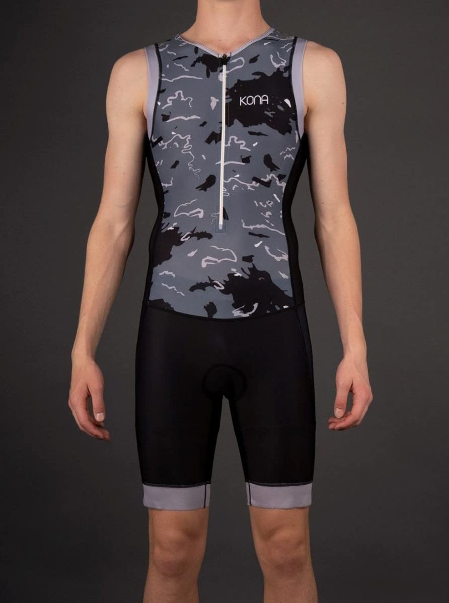 KONA Mens Assault Triathlon Race Suit - Sleeveless Skinsuit Padded Cycling Tri Suit for Swim Bike Run(Black, M)