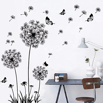 Runtoo Black Dandelion Wall Art Stickers - Large Flower Butterfly Wall Decals for Bedroom & Living Room