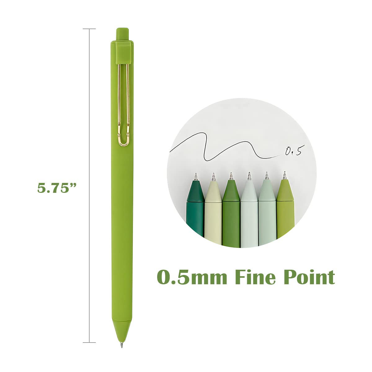 allydrew Retractable Black Ink Gel Pens, 0.5mm Fine Point, Stationery Supplies for Home and Office (Set of 6), Green