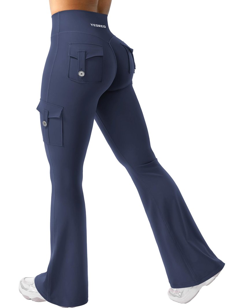 YEOREO CoreFlex Women Workout Flare Leggings with Pockets Hidden Scrunch Cargo Gym Yoga No Front Seam Leggings Navy M