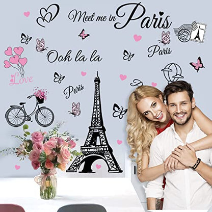 Paris Wall Stickers Eiffel Tower Vinyl Decals Removable Self-Adhesive Balloon Stickers Wall Decal for Girls Bedroom Living Room Sofa Backdrop TV Background
