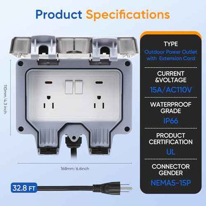 Outdoor Power Outlet,Outdoor Extension Cord Waterproof Double Wall Outlet Extender with On-Off Switch and Indicator Light£¬Exterior Electric External Power Outlet,Outside Outlet (32.8FT)