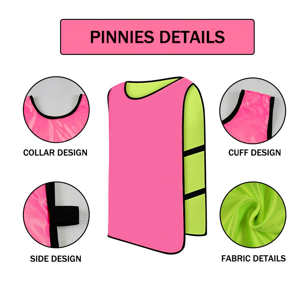 Saaifuu 12 Pack Reversible Numbered Pinnies, Double Sided Scrimmage Vest,Team Practice Jerseys for Kids and Adult(Pink/Neon Green, S)