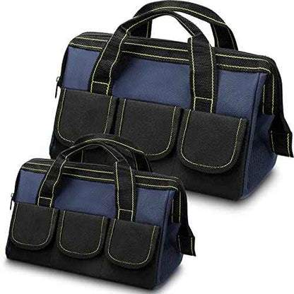 Cunno 2 Pcs Tool Bag with Waterproof Strong Molded Base Multi Pockets Wide Mouth Tool Tote Multifunctional Tool Bag Organizer Large Capacity Heavy Duty Tool Storage Bag(Blue,18 Inch, 13 Inch)