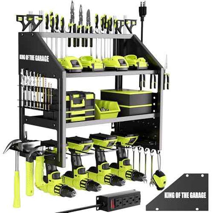 Power Tool Organizer Wall Mount with Charging Station ? King of the Garage, 4 Drill Holders, Heavy Duty Cordless Tool Rack with 4-Outlet Power Strip, Gifts for Him, Birthday Gifts for Men