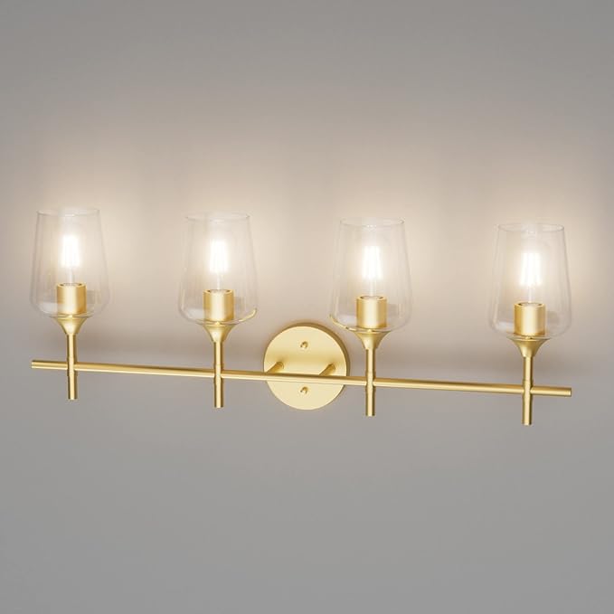Ralbay 4-Lights Gold Vanity Light Fixture Vintage Gold Vanity Lights Wall Lighting Clear Glass Gold Bathroom Light Fixtures Over Mirror