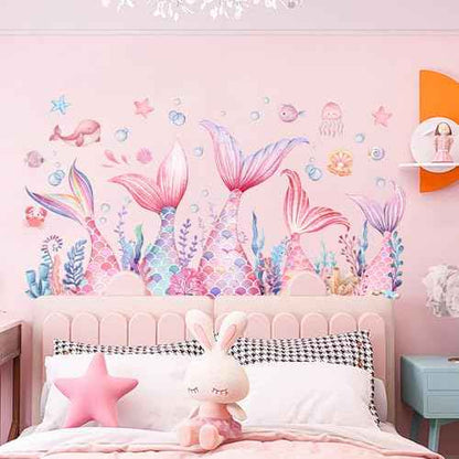 Mermaid Tail Wall Stickers, Sunoyar Colourful Mermaid Foam Wall Decals for Girls Kids, Removable Sea Marine Theme Mural Decor for Daycare Bedroom Bathroom (Pink)