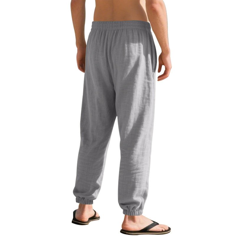 Gesoja Mens Lightweight Summer Casual Beach Straight Workout Linen Pants Elastic Waist Drawstring Jogger Pants with Pockets Gray M