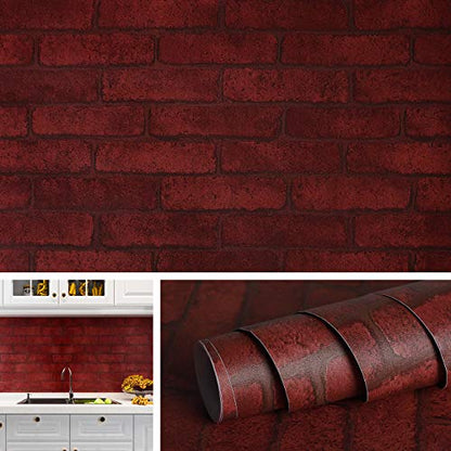 Livelynine Brick Contact Paper Red Brick Wallpaper Peel and Stick Faux Brick Wall Paper Roll Burgundy Wallpaper for Kitchen Backsplash Fireplace Walls Chimney Backdrop Christmas Vinyl Wrap 15.8x78.8