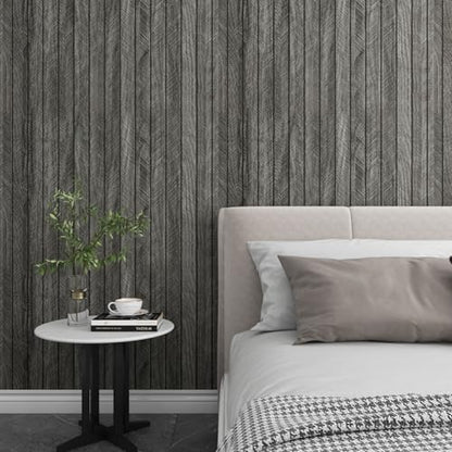LaCheery Fluted Slat Wood Wall Panels Peel and Stick Black Gray Herringbone Wooden Panels for Interior Wall Decor 3d Flexible Self Adhesive Foam PVC Panel Roll Bedroom Bathroom Walls Covering 11.8x79"