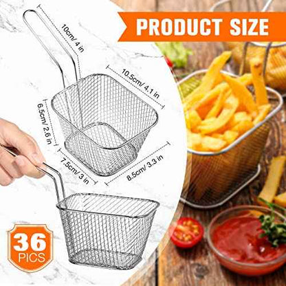 36 Pcs Mini Square Fry Basket with Handle Chrome French Fry Holder Chip Food Presentation Baskets Net Potato Cooking Tool for Food Table Serving Oil Residue Filtration