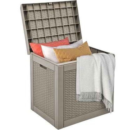 DWVO 32 Gallon Indoor Outdoor Storage Box, Resin Rattan Small Deck Box for Patio Furniture, Cushions, Garden Tools, Sports Equipment,Brown