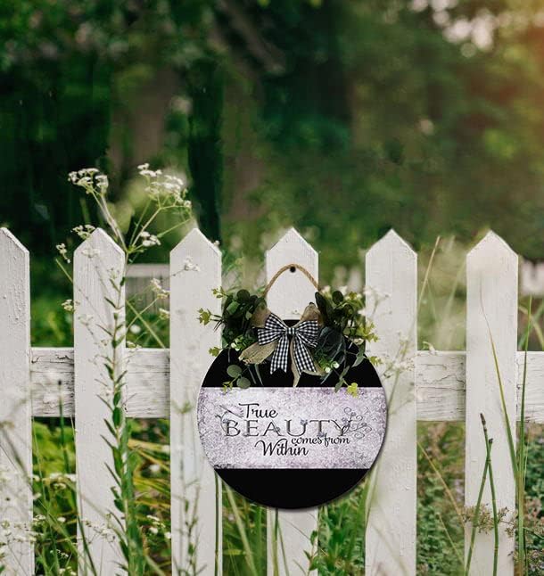 True Beauty Front Door Sign Funny Wreaths Hanging Wooden Plaque Decoration Round Rustic Wood Farmhouse Porch Decor for Home Front Door Decor, 11 x 11 Inch