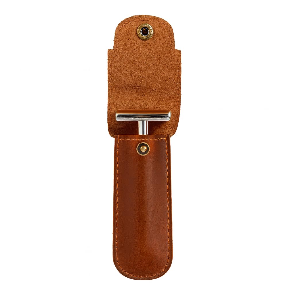 PavinCrafter Full Grain Leather Razor Cover | Double Edge Razor Case | Handmade Safety Razor Protector Sheath for Travel & Storage | Barber Shaving Accessory for Men – Tan