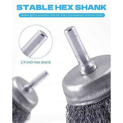 Rocaris 7-Pack Carbon Steel Wire Wheel Brush Set - Cup, Wheel, Pen Brushes with 1/4-Inch Round Shank for Rust Removal, Corrosion and Scrubbing Surfaces