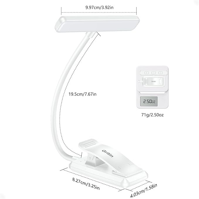 Gritin 19 LED Rechargeable Book Light for Reading in Bed with Memory Function- Eye Caring 3 Color Temperatures,Stepless Dimming Brightness,80 Hrs Runtime Clip on Light for Book Lovers-White