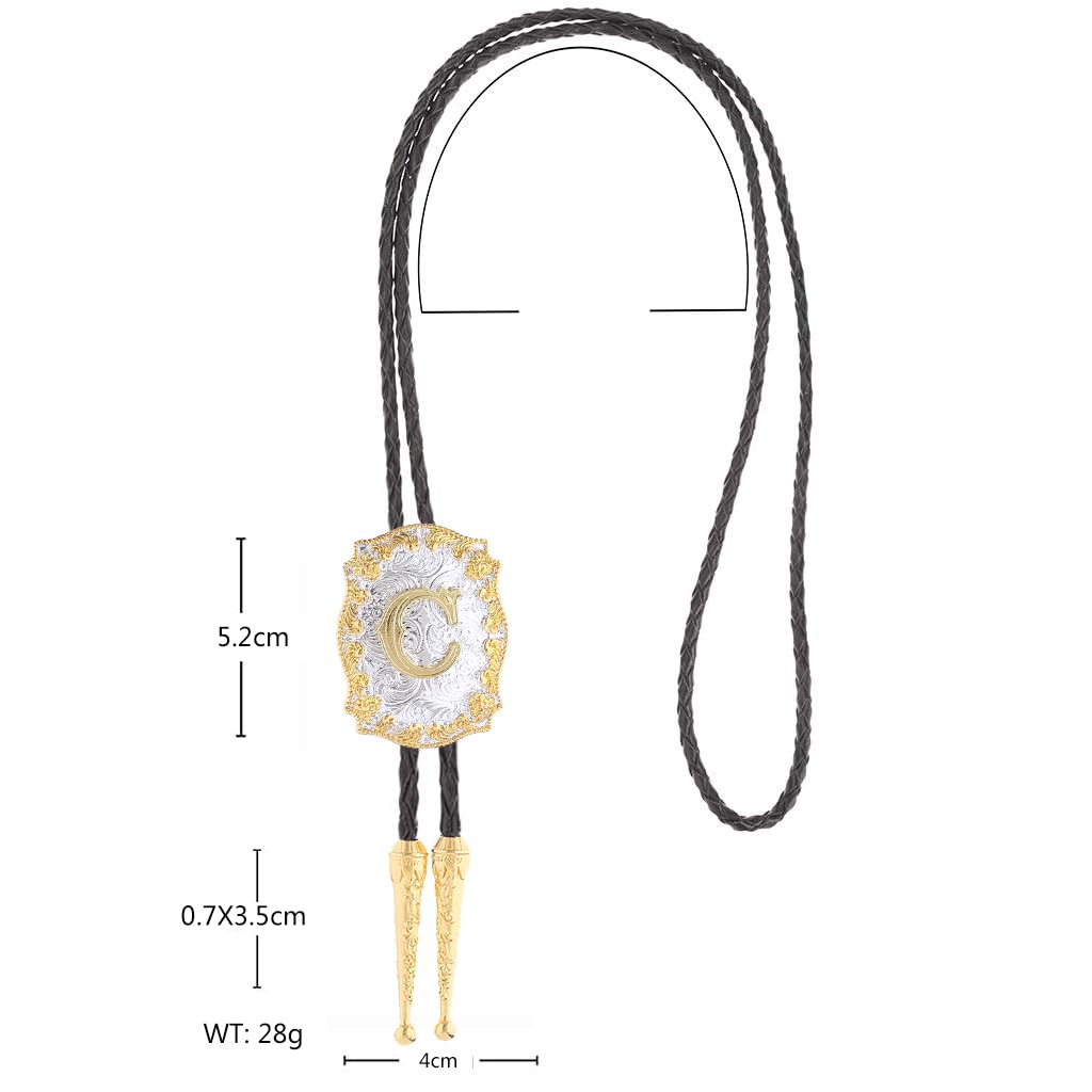 Fibbadet Bolo Tie for Men Initial Letters A-Z Bolo Tie Western Texas Rodeo Cowboy Golden Leather Necktie Necklace Costume Accessories for Husband Wife Halloween Christmas Wedding (C)