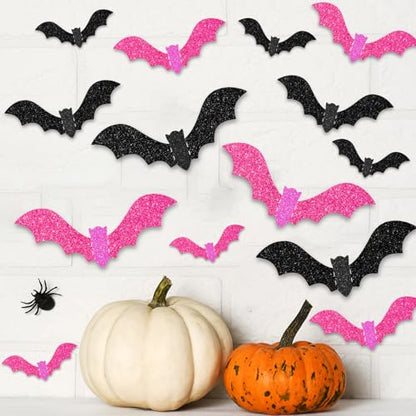 18 Pieces Halloween Bats Wall Decor, 3 Sizes 3D Glitter Pink Black Bats Stickers for Halloween Party Home Kitchen Bedroom Bathroom Decorations