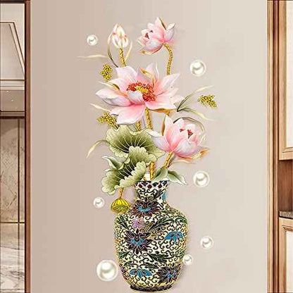 Chinese Style Lotus Flower Classical Vase Wall Sticker Pearl Living Room Art Wall Decals Home Entrance Backdrop Decoration