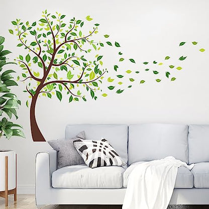 Green Tree Wall Decals Flying Leaves Wall Stickers Green Leaves Wall Decor for Bedroom Nursery Living Room Home Wall Decor (Green-Tree)