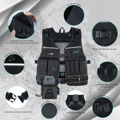 MELOTOUGH Tool Vest for Men with Pouches and Belt, Adjustable Multi-Pocket Safety Tool Vest for Electrician, Carpenter(Black)
